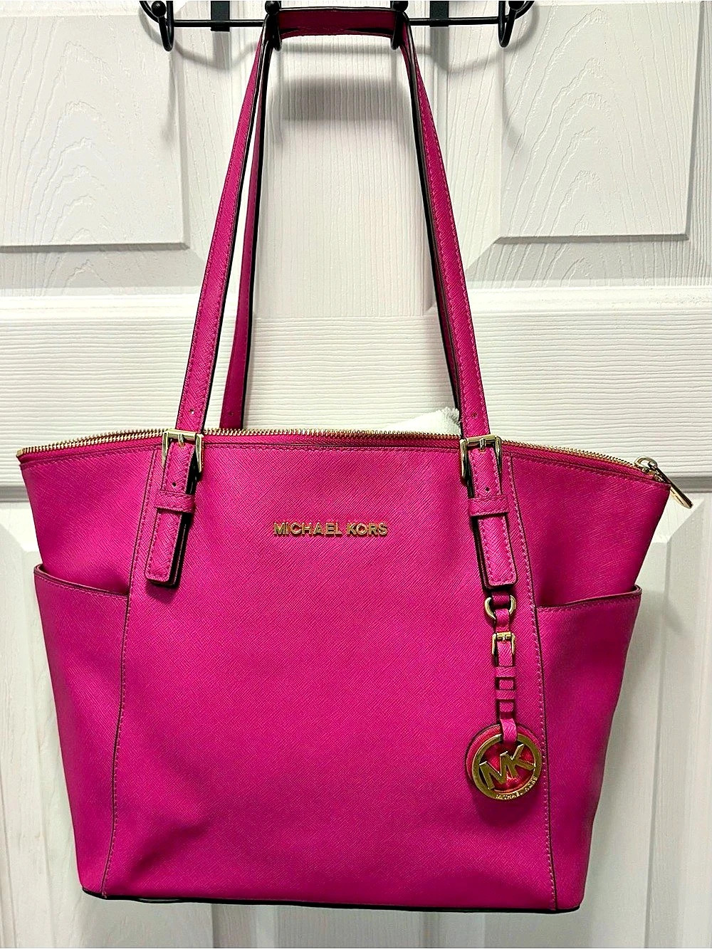 Michael Kors Jet Set Leather East West Top Zip Tote Bag in Wild Berry